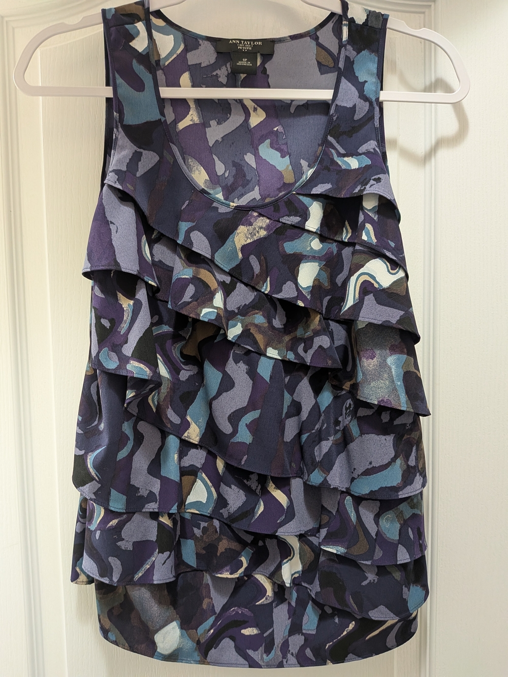Ann Taylor Ruffle Tiered Sleeveless Print Blouse - Purple Multi
